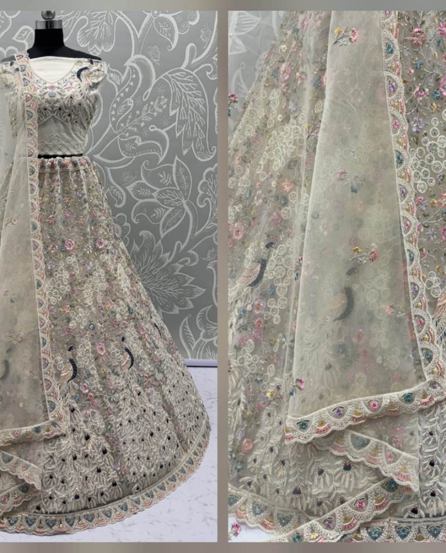 white - Stunning Peacock White Embroidered Crafted Partywear Lehenga Choli with dupatta and blouse 